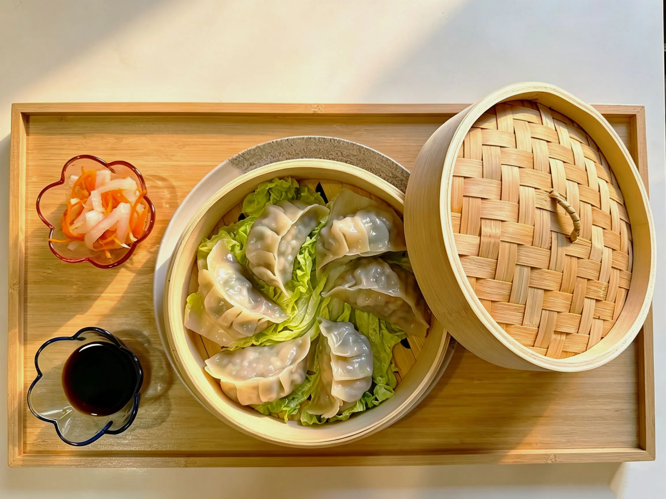 Steamed dumplings in bamboo steamer with soy sauce and pickled vegetable side dishes at Cafe On Seneca, an Asian Fusion Restaurant in Ridgewood