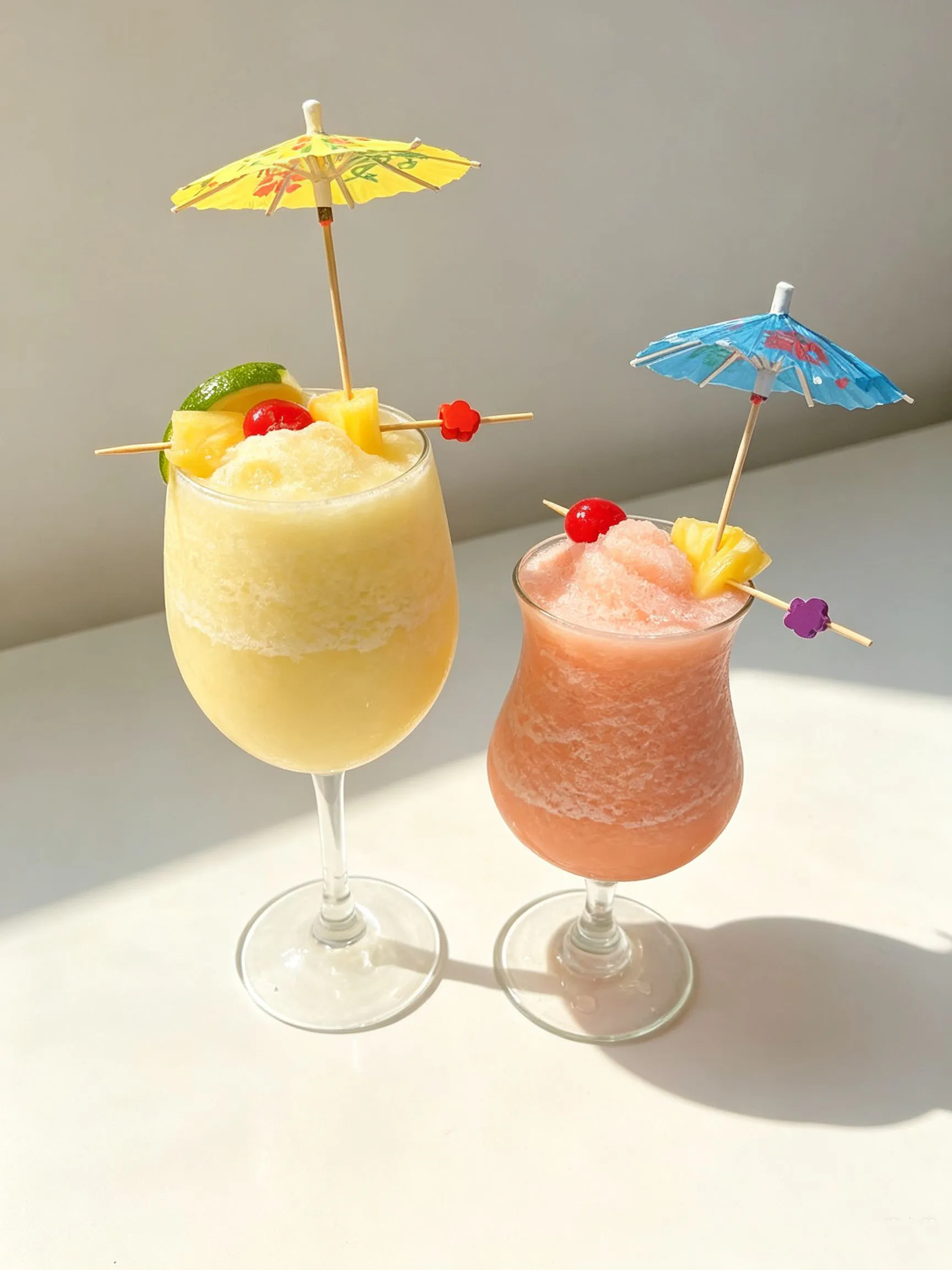 Two tropical frozen fruit cocktails with paper umbrellas, pineapple and cherry garnishes at Cafe On Seneca, an Asian Fusion Restaurant in Ridgewood