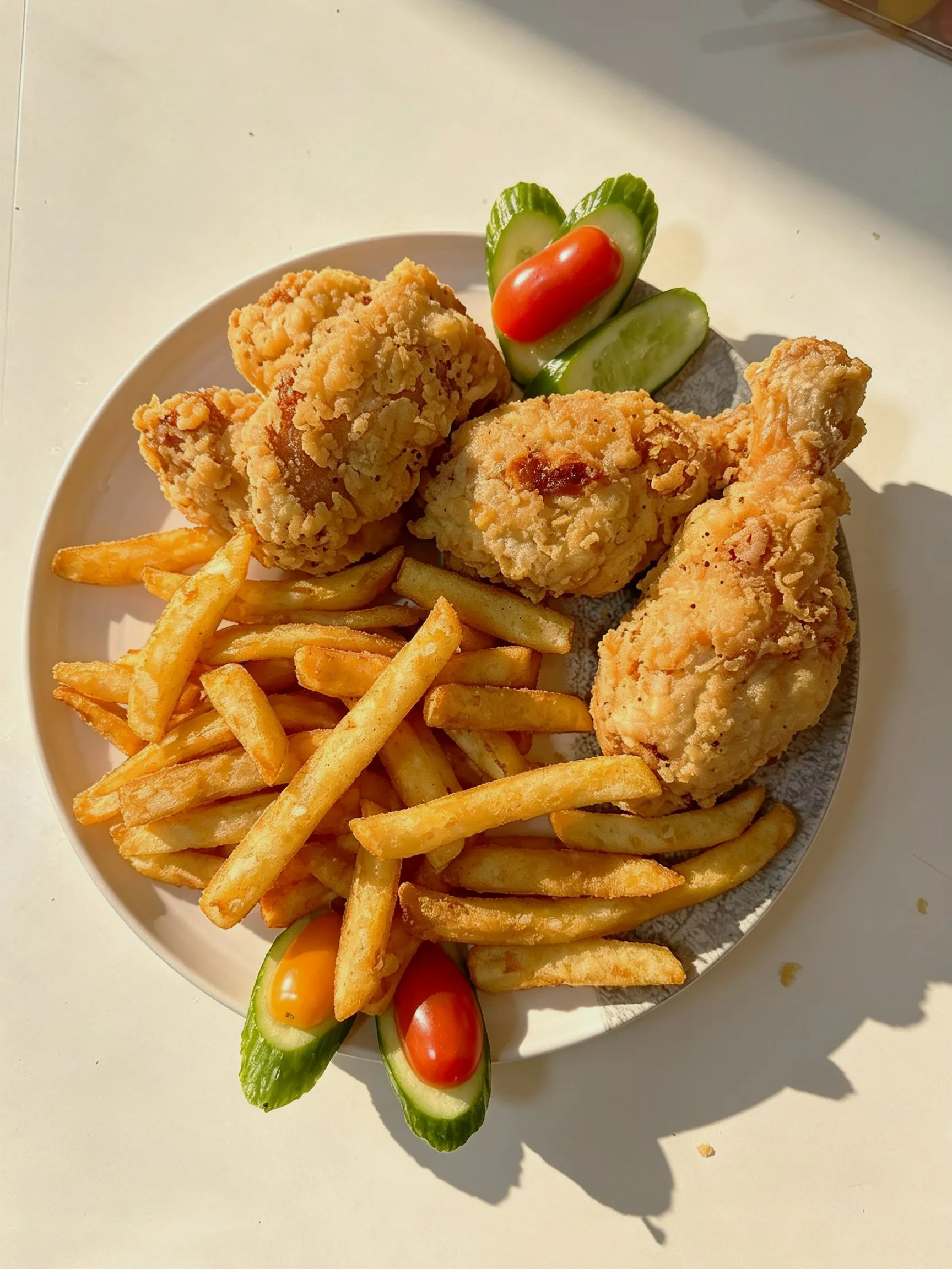 Crispy fried chicken combo with thick french fries and cucumber tomato garnish at Cafe On Seneca, an Asian Fusion Restaurant in Ridgewood