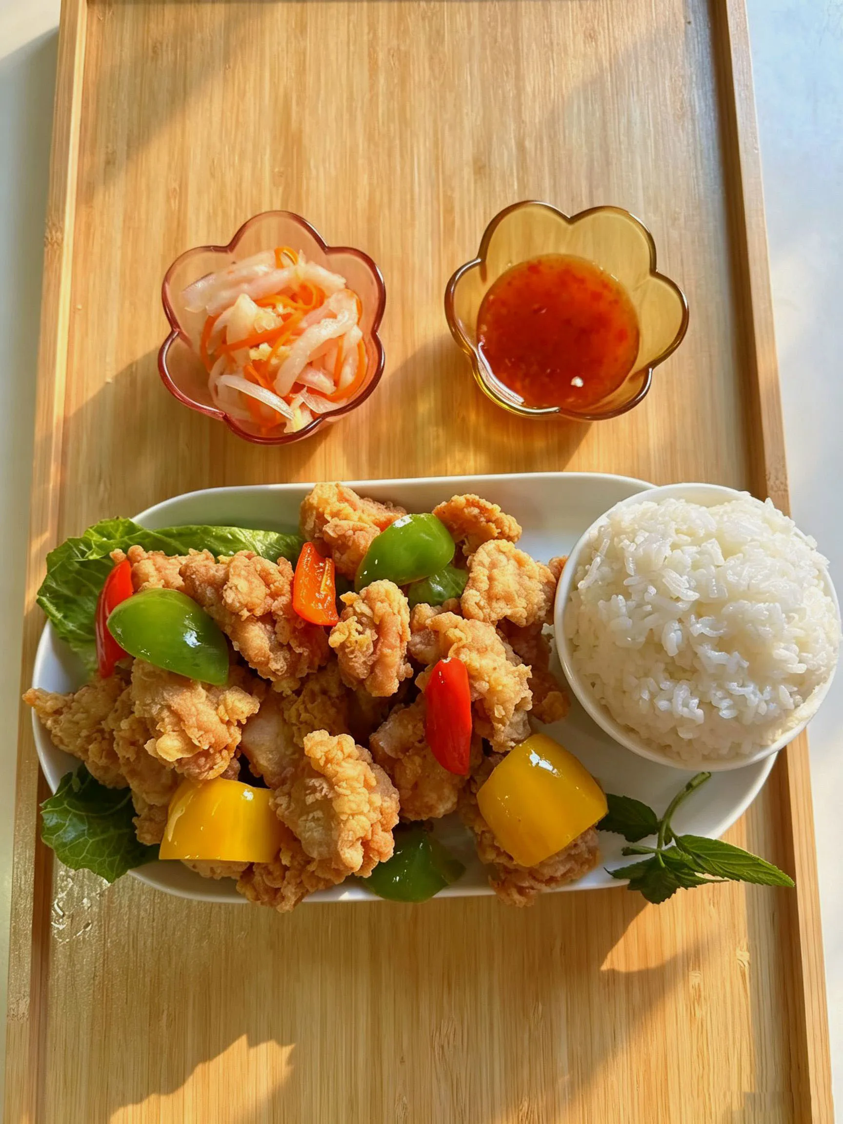 Crispy fried chicken stir-fried with colorful bell peppers, steamed rice and two side dipping dishes at Cafe On Seneca, an Asian Fusion Restaurant in Ridgewood