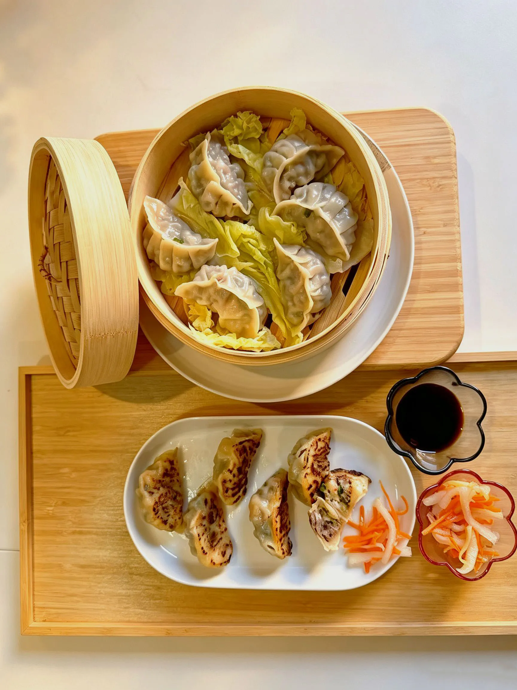 Combination platter of steamed dumplings and pan fried dumplings with soy sauce and pickled veggies at Cafe On Seneca, an Asian Fusion Restaurant in Ridgewood