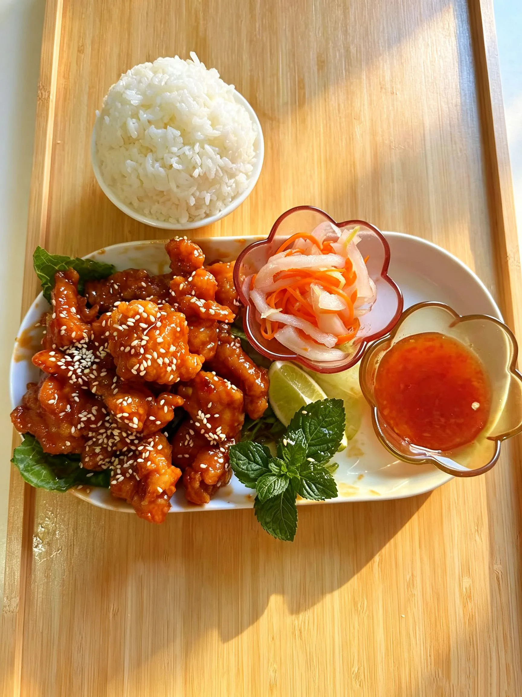 Sesame honey glazed chicken combo with steamed rice, pickled veggies and lime mint garnish at Cafe On Seneca, an Asian Fusion Restaurant in Ridgewood