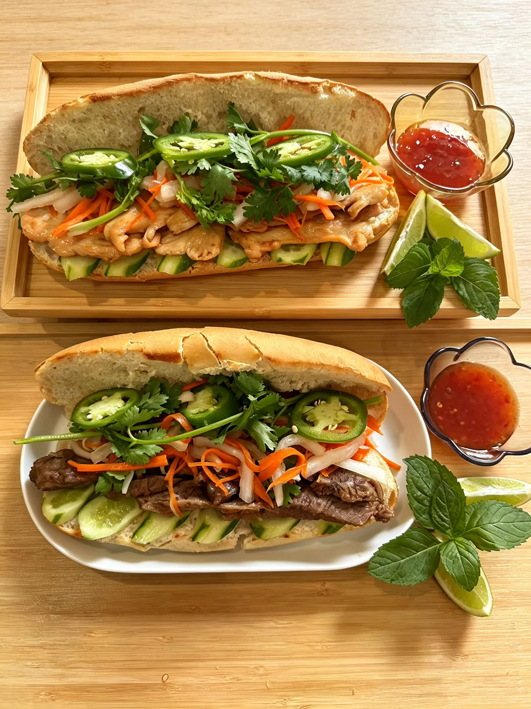 Two Vietnamese banh mi sandwiches filled with pork, beef, fresh herbs and spicy veggies with chili sauce at Cafe On Seneca, an Asian Fusion Restaurant in Ridgewood